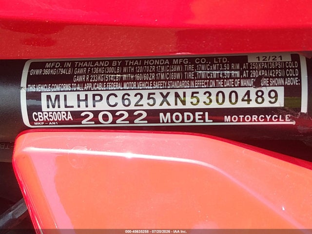 MLHPC625XN5300489 Honda Cbr500 Ra