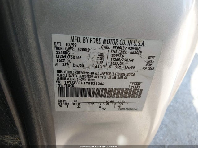 Продаж на аукціоні авто 2000 Ford F-350 Lariat/xl/xlt, vin: 1FTSF31F1YEB31383, номер лоту: 45635277