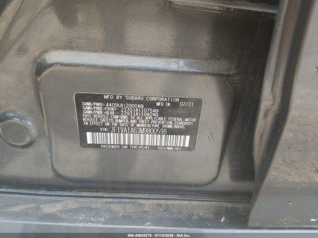 Aukcja sprzedaży 2021 Subaru Wrx, vin: JF1VA1A63M9800598, numer aukcji: 45635279