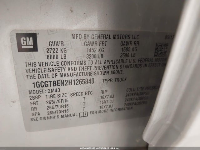 1GCGTBEN2H1265840 Chevrolet Colorado 4wd Wt