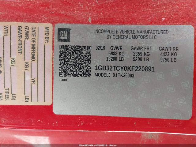Aukcja sprzedaży 2019 Gmc Sierra 3500hd Chassis, vin: 1GD32TCY0KF220891, numer aukcji: 45635326