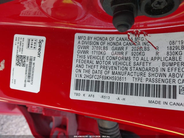 Продаж на аукціоні авто 2019 Honda Civic Lx, vin: 2HGFC2F69KH593611, номер лоту: 45635330