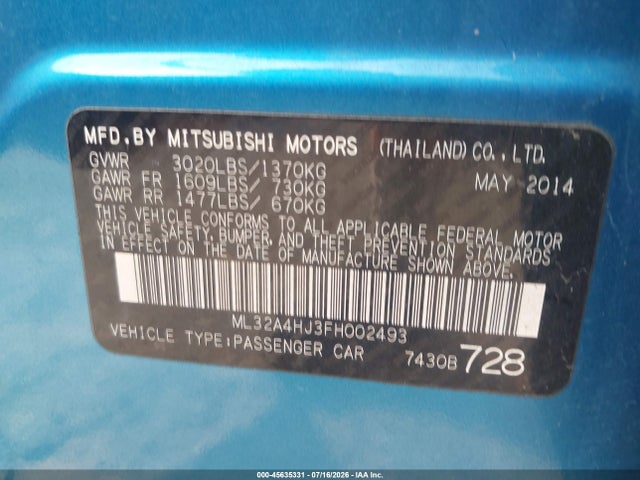 Mitsubishi Mirage Es/rf 2015 ML32A4HJ3FH002493 Image 9