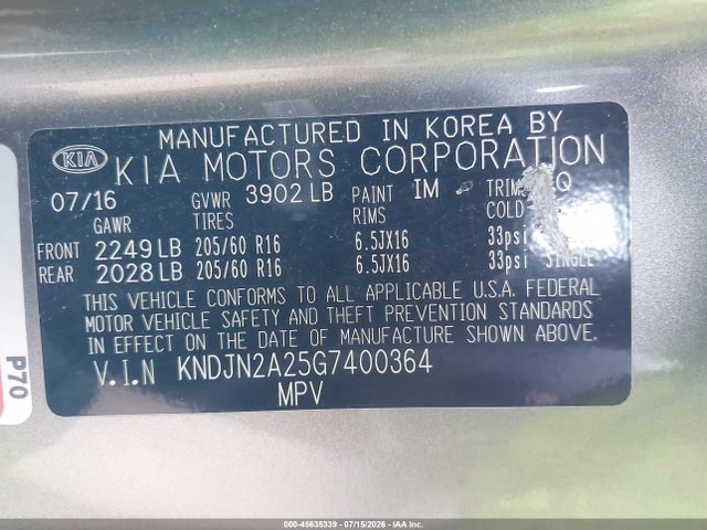 Auction sale of the 2016 Kia Soul, vin: KNDJN2A25G7400364, lot number: 45635339