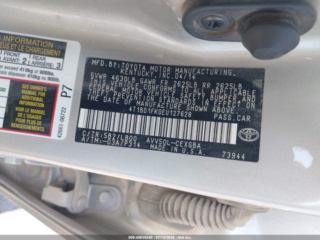 2014 Toyota Camry Hybrid Xle მანქანა იყიდება აუქციონზე, vin: 4T1BD1FK0EU127628, აუქციონის ნომერი: 45635340