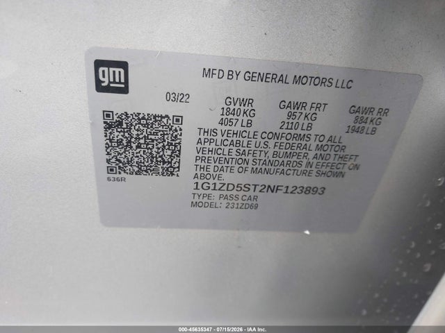 45635347 :رقم المزاد ، 1G1ZD5ST2NF123893 vin ، 2022 Chevrolet Malibu Fwd Lt مزاد بيع