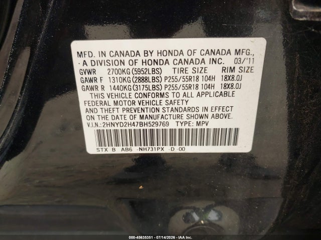 Продажа на аукционе авто 2011 Acura Mdx Technology Package, vin: 2HNYD2H47BH529769, номер лота: 45635351