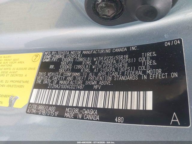 Aukcja sprzedaży 2004 Lexus Rx 330, vin: 2T2HA31U04C021487, numer aukcji: 45635356