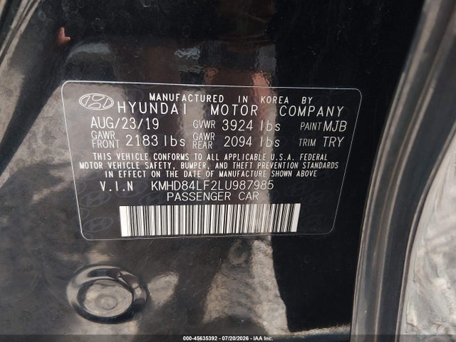 Продажа на аукционе авто 2020 Hyundai Elantra Sel, vin: KMHD84LF2LU987985, номер лота: 45635392