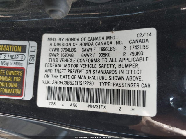 2014 Honda Civic Lx მანქანა იყიდება აუქციონზე, vin: 2HGFG3B52EH512220, აუქციონის ნომერი: 45635393