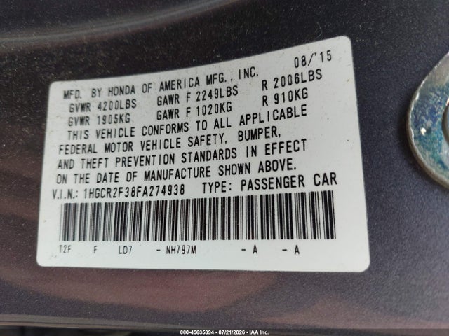 Honda ACCORD LX 2015 1HGCR2F38FA274938 Image 9