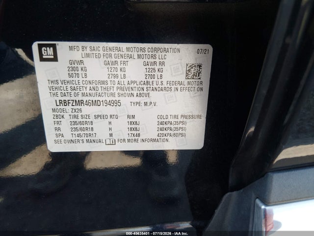 2021 Buick Envision Awd Preferred მანქანა იყიდება აუქციონზე, vin: LRBFZMR46MD194995, აუქციონის ნომერი: 45635401