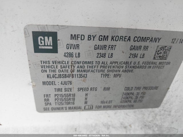 45635402 :رقم المزاد ، KL4CJBSB4FB113543 vin ، 2015 Buick Encore Convenience مزاد بيع