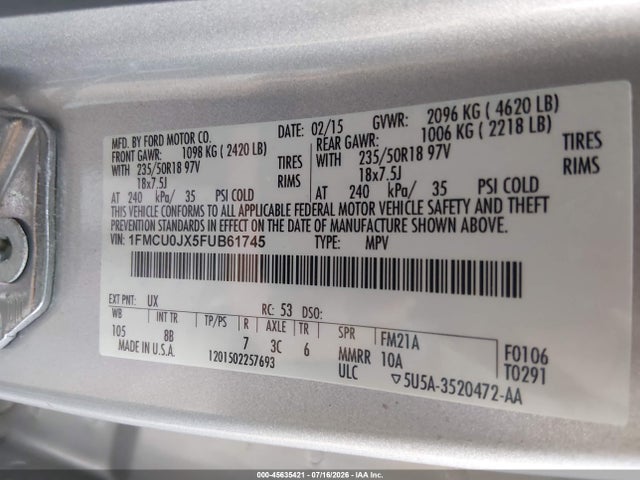 Продажа на аукционе авто 2015 Ford Escape Titanium, vin: 1FMCU0JX5FUB61745, номер лота: 45635421