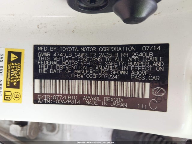 Продажа на аукционе авто 2014 Lexus Es 300h, vin: JTHBW1GG3E2072241, номер лота: 45635420