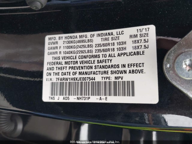 Aukcja sprzedaży 2018 Honda Cr-v Touring, vin: 7FARW1H9XJE007544, numer aukcji: 45635429