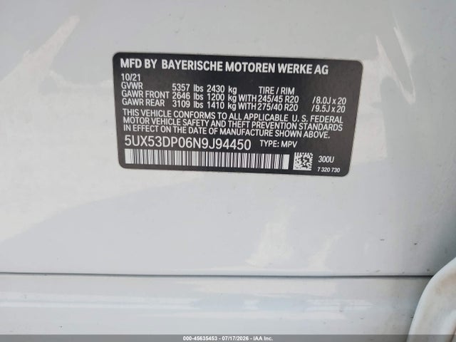 Aukcja sprzedaży 2022 Bmw X3 Xdrive30i, vin: 5UX53DP06N9J94450, numer aukcji: 45635453