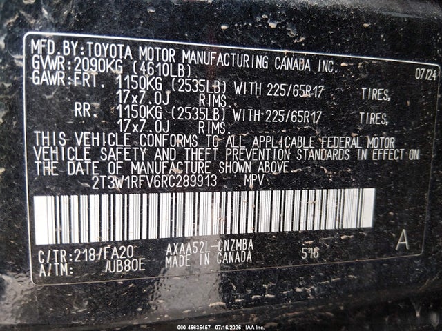 45635457 :رقم المزاد ، 2T3W1RFV6RC289913 vin ، 2024 Toyota Rav4 Xle مزاد بيع