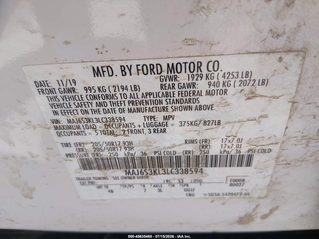 Продаж на аукціоні авто 2020 Ford Ecosport Titanium, vin: MAJ6S3KL3LC338594, номер лоту: 45635460
