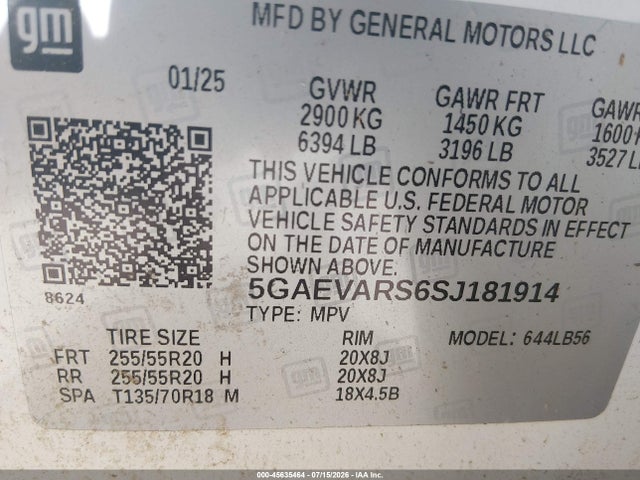 45635464 :رقم المزاد ، 5GAEVARS6SJ181914 vin ، 2025 Buick Enclave Preferred Fwd مزاد بيع