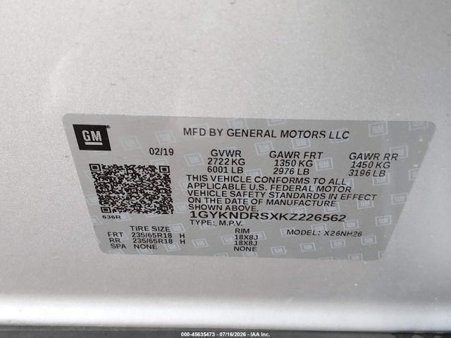 2019 Cadillac Xt5 Luxury მანქანა იყიდება აუქციონზე, vin: 1GYKNDRSXKZ226562, აუქციონის ნომერი: 45635473