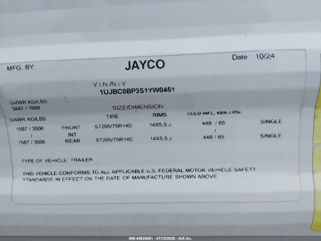 Продаж на аукціоні авто 2025 Jayco Other, vin: 1UJBC0BP3S1YW0451, номер лоту: 45635481