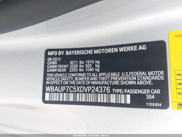 2013 Bmw 128i მანქანა იყიდება აუქციონზე, vin: WBAUP7C5XDVP24376, აუქციონის ნომერი: 45635488