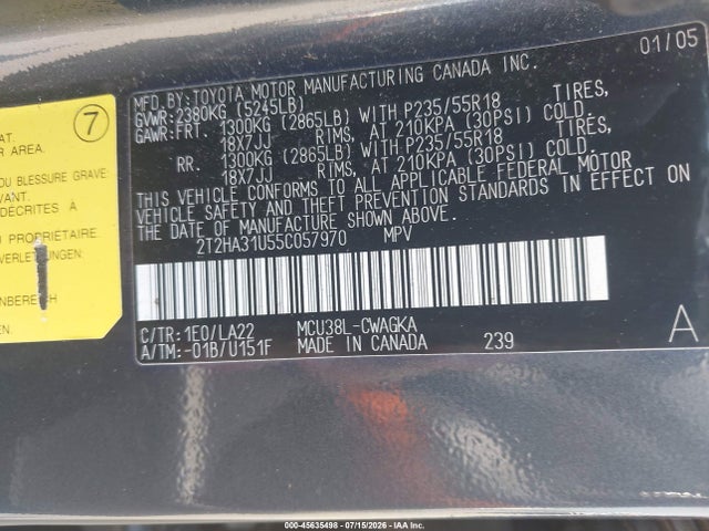 45635498 :رقم المزاد ، 2T2HA31U55C057970 vin ، 2005 Lexus Rx 330 مزاد بيع