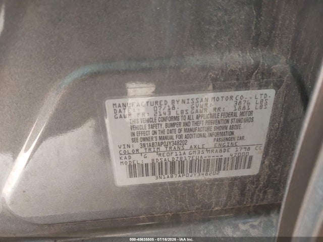 Aukcja sprzedaży 2018 Nissan Sentra Sv, vin: 3N1AB7AP0JY348202, numer aukcji: 45635505