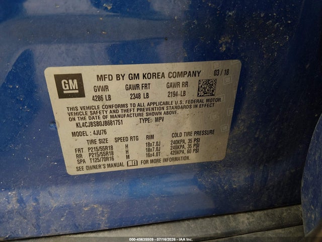 45635509 :رقم المزاد ، KL4CJBSB0JB681751 vin ، 2018 Buick Encore مزاد بيع