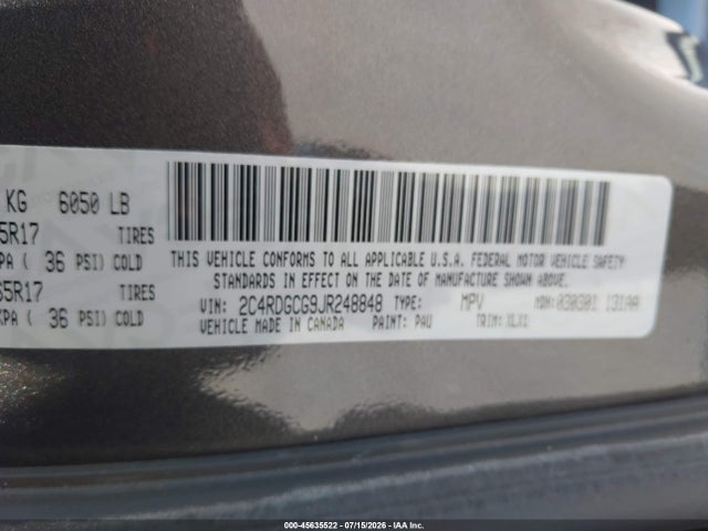 Продаж на аукціоні авто 2018 Dodge Grand Caravan Sxt, vin: 2C4RDGCG9JR248848, номер лоту: 45635522