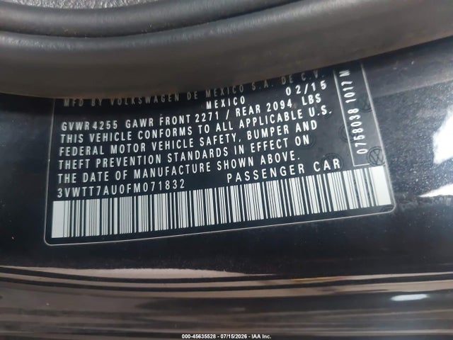 45635528 :رقم المزاد ، 3VWTT7AU0FM071832 vin ، 2015 Volkswagen Golf Gti 2.0t S 2-door مزاد بيع