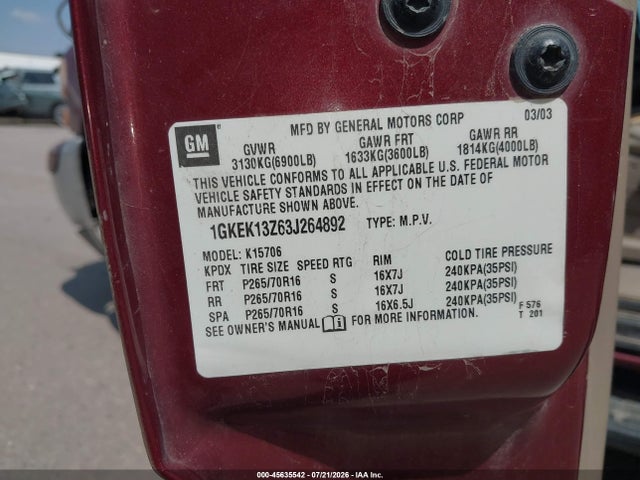 Aukcja sprzedaży 2003 Gmc Yukon Slt, vin: 1GKEK13Z63J264892, numer aukcji: 45635542