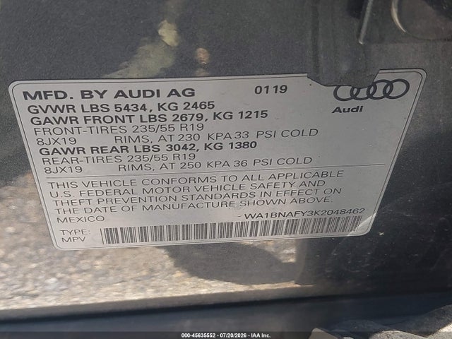45635552 :رقم المزاد ، WA1BNAFY3K2048462 vin ، 2019 Audi Q5 45 Premium مزاد بيع