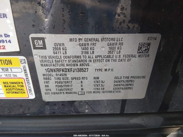 45635554 :رقم المزاد ، 1GNKRFKDXFJ138527 vin ، 2015 Chevrolet Traverse Ls مزاد بيع