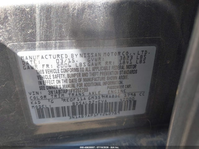 3N1AB7AP1FY262789 Nissan Sentra Fe+ S/s/sl/sr/sv