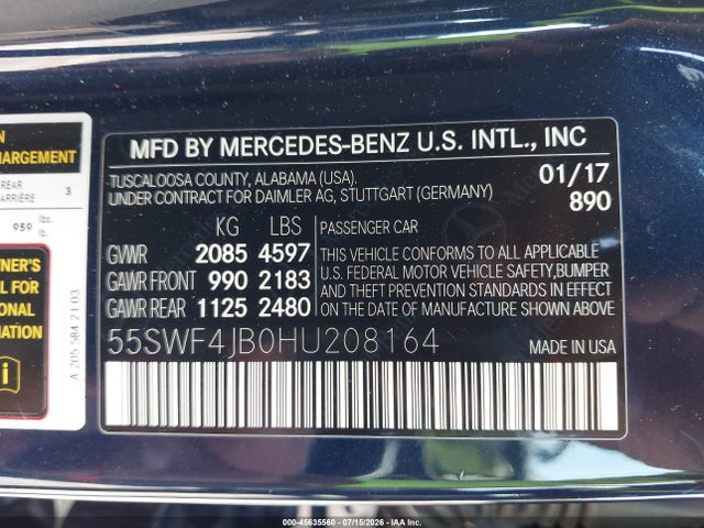 Продаж на аукціоні авто 2017 Mercedes-benz C 300 Sport, vin: 55SWF4JB0HU208164, номер лоту: 45635560