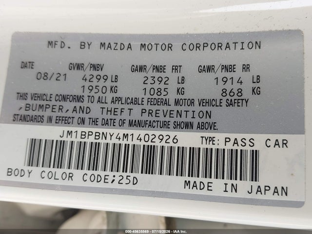 Aukcja sprzedaży 2021 Mazda Mazda3 2.5 Turbo Premium Plus, vin: JM1BPBNY4M1402926, numer aukcji: 45635569