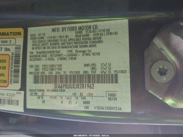 3FA6P0UUXJR281962 Ford Fusion Hybrid S