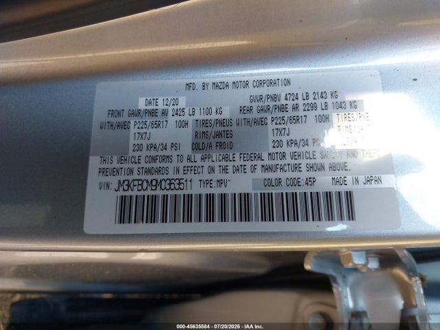 45635584 :رقم المزاد ، JM3KFBCM9M0363511 vin ، 2021 Mazda Cx-5 Touring مزاد بيع