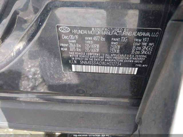 5NMS33AD8LH212734 Hyundai Santa Fe Sel