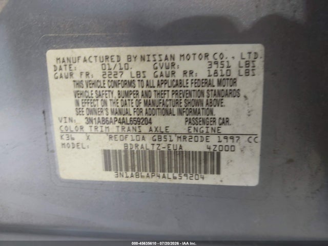 2010 Nissan Sentra 2.0s მანქანა იყიდება აუქციონზე, vin: 3N1AB6AP4AL659204, აუქციონის ნომერი: 45635610