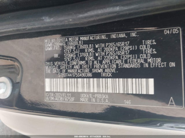 45635614 :رقم المزاد ، 5TBDT44175S490386 vin ، 2005 Toyota Tundra Sr5 V8 مزاد بيع