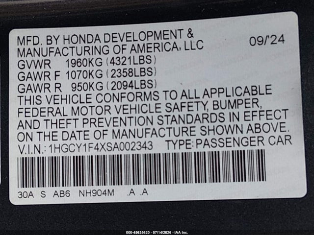 1HGCY1F4XSA002343 Honda ACCORD SE