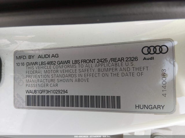 Продажа на аукционе авто 2017 Audi S3 Premium Plus, vin: WAUB1GFF3H1029294, номер лота: 45635628
