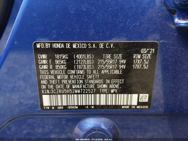 Продаж на аукціоні авто 2021 Honda Hr-v 2wd Ex, vin: 3CZRU5H52MM722527, номер лоту: 45635638