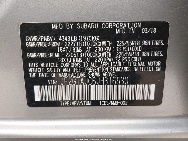 2018 Subaru Crosstrek 2.0i Limited მანქანა იყიდება აუქციონზე, vin: JF2GTAJC6JH316530, აუქციონის ნომერი: 45635642