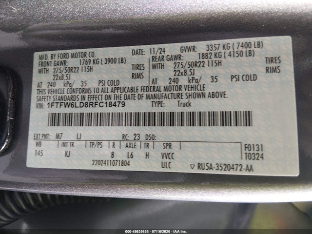 2024 Ford F150 King Ranch მანქანა იყიდება აუქციონზე, vin: 1FTFW6LD8RFC18479, აუქციონის ნომერი: 45635658
