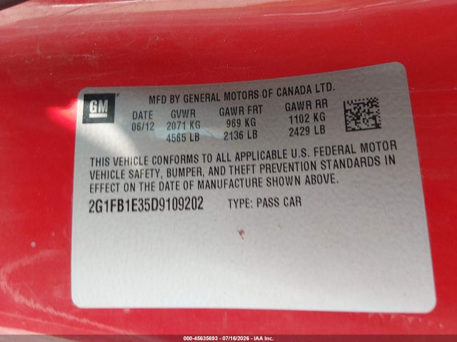 2013 Chevrolet Camaro 1lt მანქანა იყიდება აუქციონზე, vin: 2G1FB1E35D9109202, აუქციონის ნომერი: 45635693