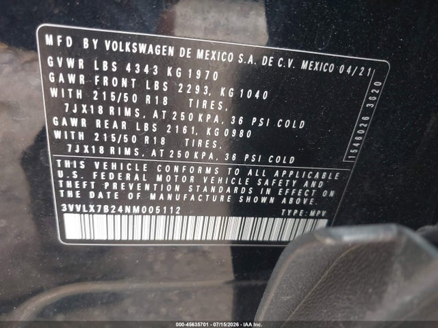 Продажа на аукционе авто 2022 Volkswagen Taos 1.5t Se, vin: 3VVLX7B24NM005112, номер лота: 45635701